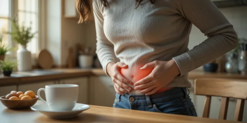 주방 테이블에서 아랫배를 잡고 불편해하는 여성의 모습