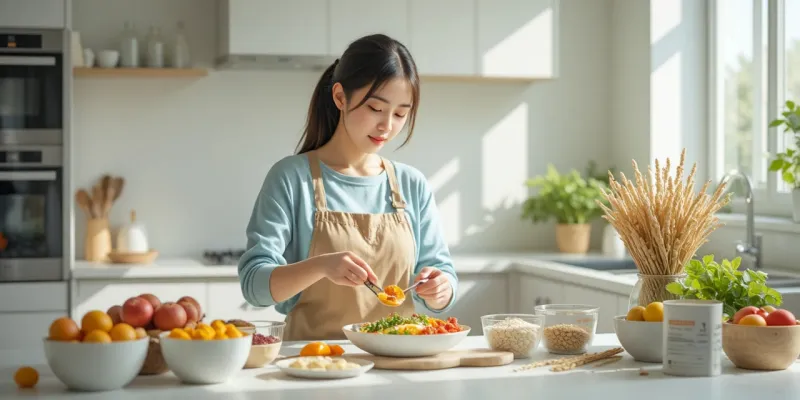 주방에서 식이섬유가 풍부한 아침 식사를 준비하는 여성의 모습