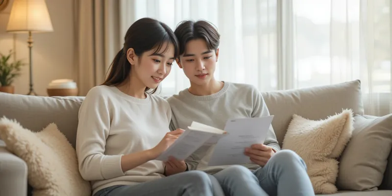 소파에서 증상 기록을 함께 살펴보는 부부의 모습