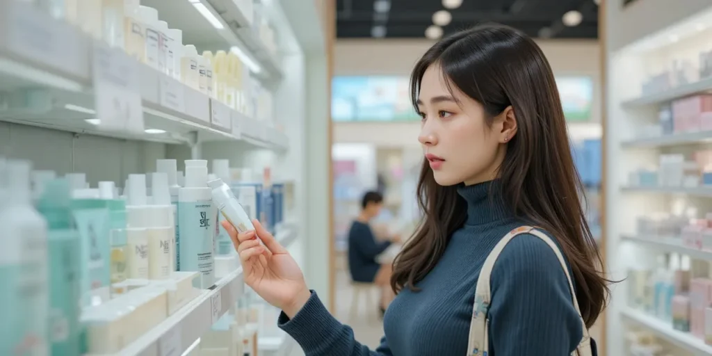 무자극 화장품 성분 정리: 민감성 피부 필수 가이드 7 실제 매장에서 화장품 성분을 확인하는 여성의 쇼핑하는 모습