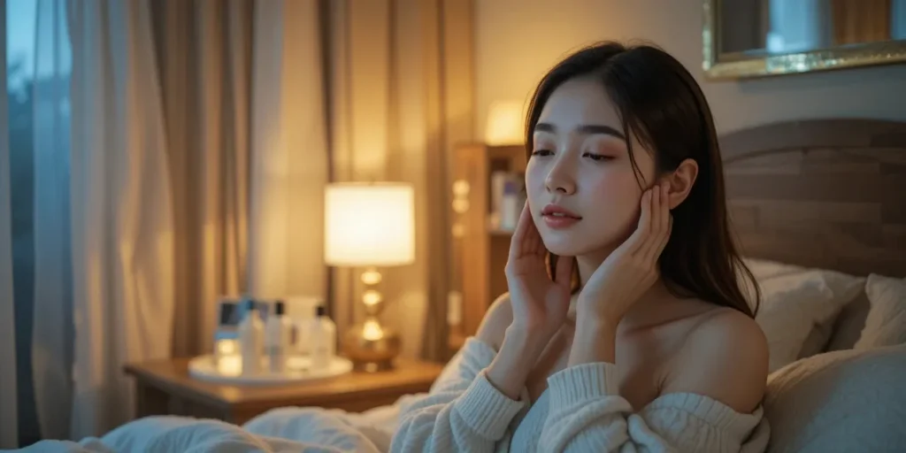 밤에 편안한 분위기에서 홈케어 루틴을 수행하는 모습