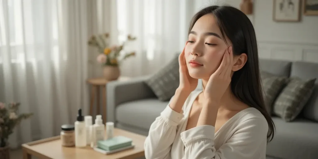 거실에서 얼굴 마사지를 하며 피부 탄력을 높이는 모습