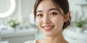 피부과에서 환하게 미소 짓는 여성의 모습