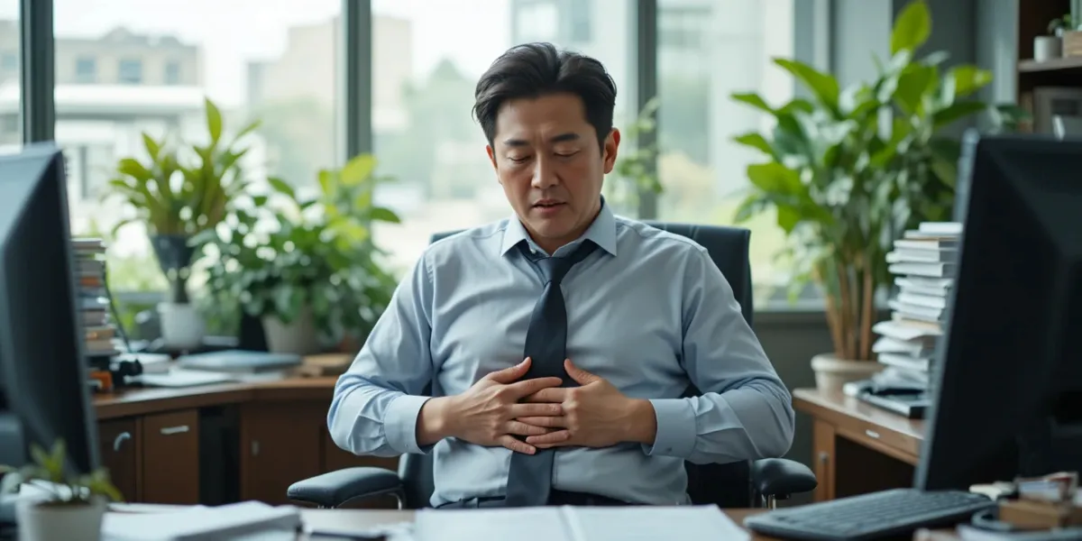 사무실에서 명치 통증을 느끼며 괴로워하는 남성의 모습