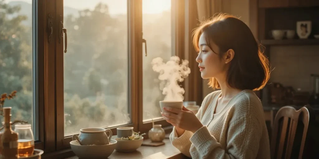 따뜻한 차를 마시며 안정을 취하는 여성의 모습