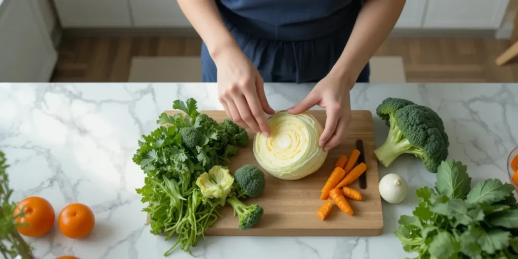 주방에서 위염에 좋은 신선한 채소를 손질하는 모습