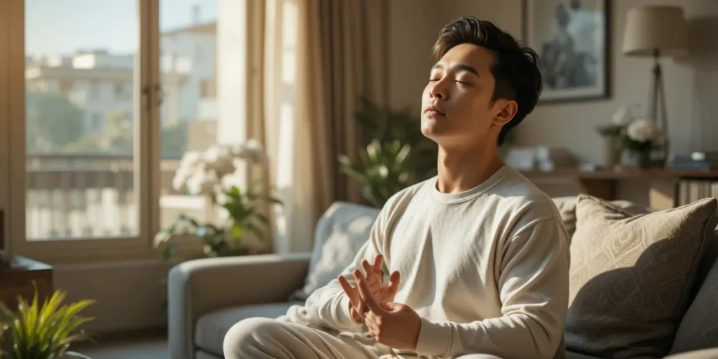 거실에서 심호흡하며 긴장을 완화하는 남성의 모습
