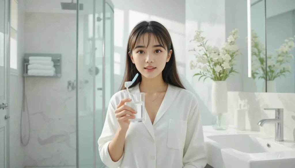 아침에 치약과 물을 들고 있는 여성의 모습