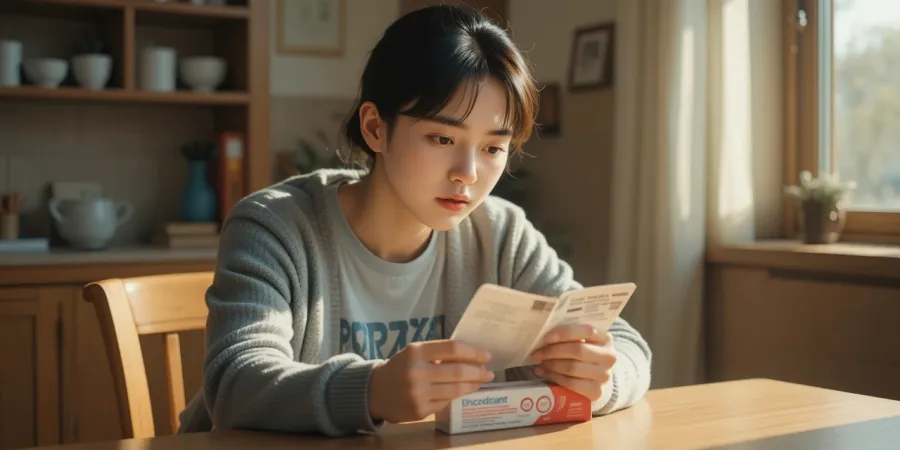 치약 뒷면 성분표를 읽고 있는 여성의 모습