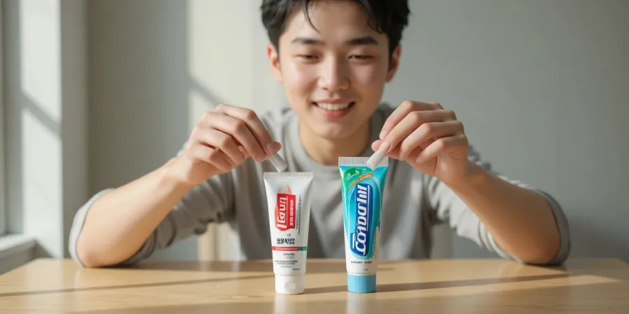 테이블 위의 두 가지 치약을 비교하는 모습