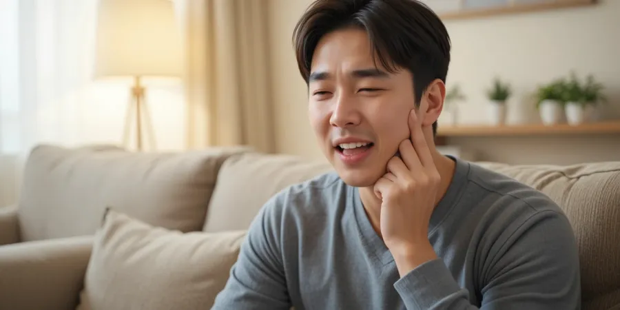 시린 증상으로 턱을 잡고 통증을 느끼는 모습