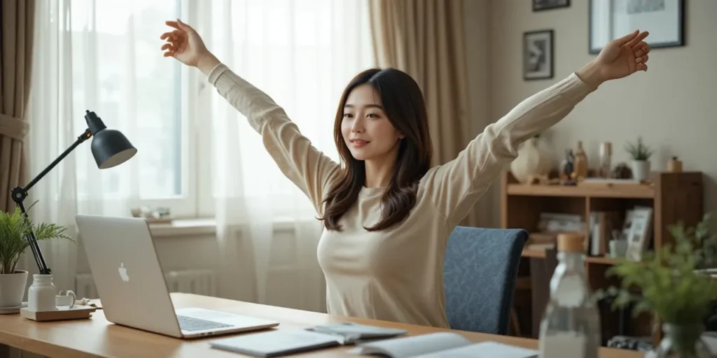 생활 습관을 돌아보며 스트레칭하는 여성의 모습