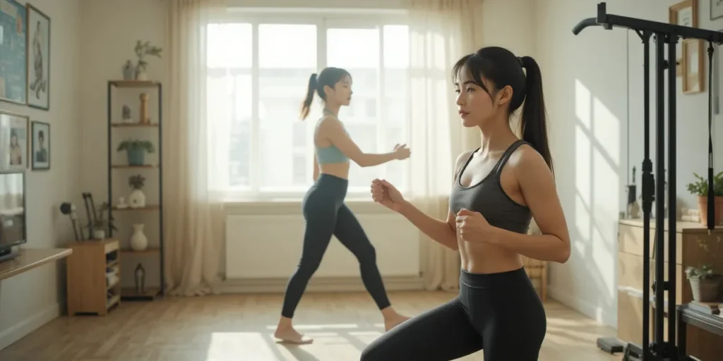 실내에서 가볍게 유산소 운동하는 여성의 모습