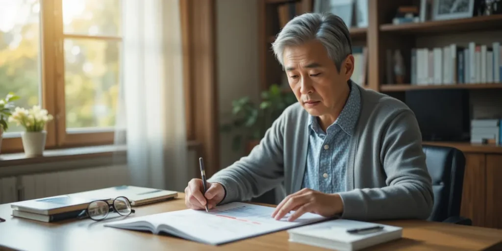 서재에서 건강검진 결과지를 꼼꼼히 살피는 중년 남성의 모습