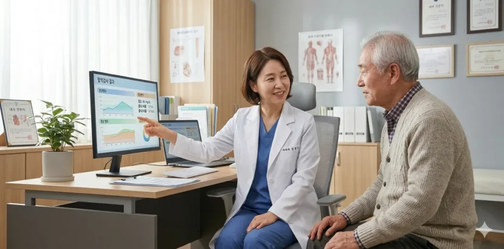 진료실 화면을 보며 검사 수치를 상세히 설명해주는 모습