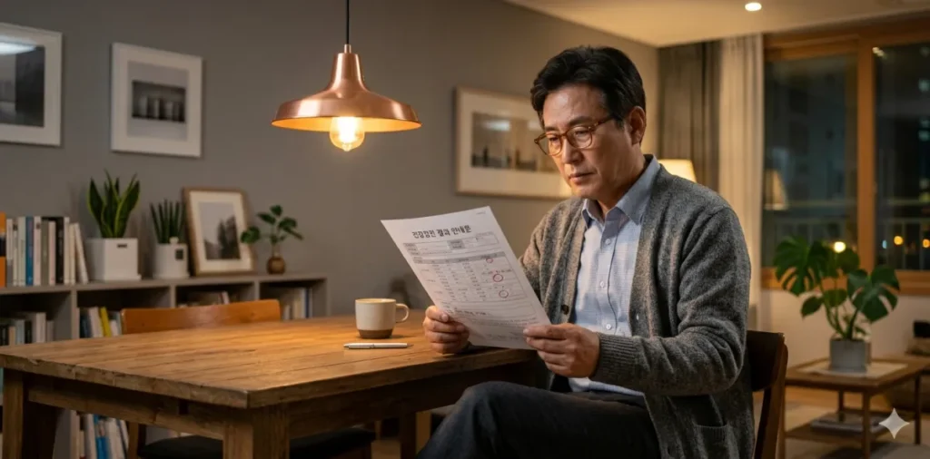 식탁에서 인쇄된 건강보험공단 데이터를 꼼꼼히 살피는 모습