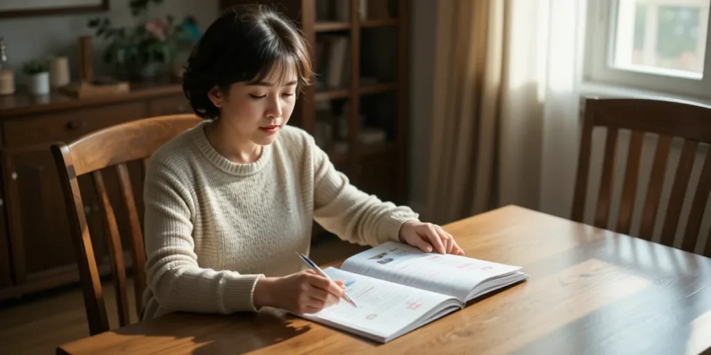내시경 예약 정보 확인을 위해 안내 책자를 보며 검사 일정을 확인하는 모습