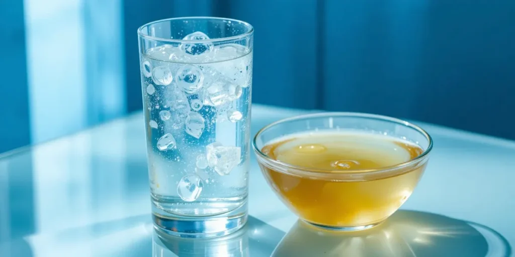 수분 및 당분 보충을 위한 투명한 이온 음료와 맑은 꿀물이 놓인 모습