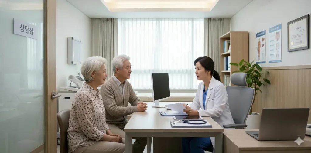 검사 전 진료실에서 의사의 설명을 경청하는 중년 부부의 모습