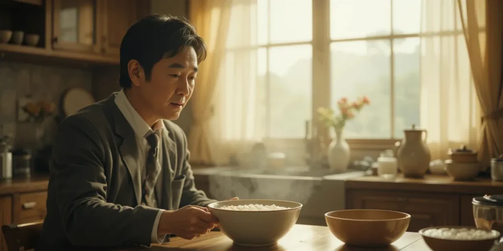 식탁 위 흰 죽 한 그릇을 바라보는 남성의 모습