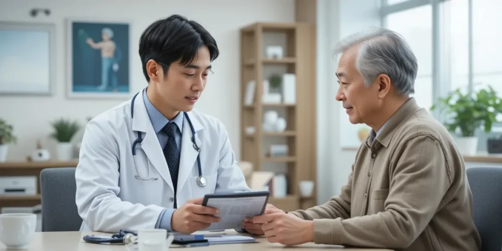 의사에게 검진 항목에 대해 설명을 듣는 중년 남성의 모습