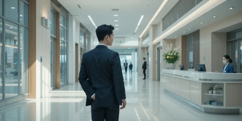 병원 로비에서 종합건강검진 비용 상담을 받는 모습