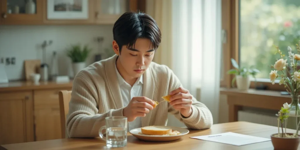 건강검진 전날 음식을 먹고 당황해하는 남성의 모습