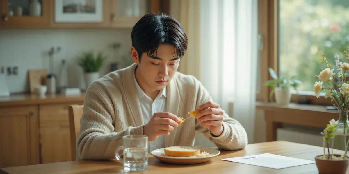 건강검진 전날 음식을 먹고 당황해하는 남성의 모습