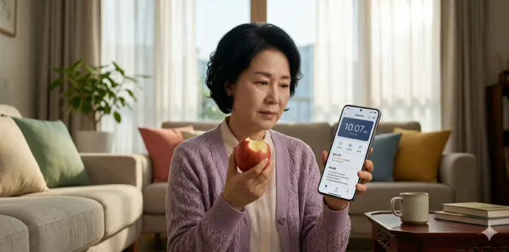 음식을 먹은 뒤 시간을 확인하며 고민하는 여성의 모습