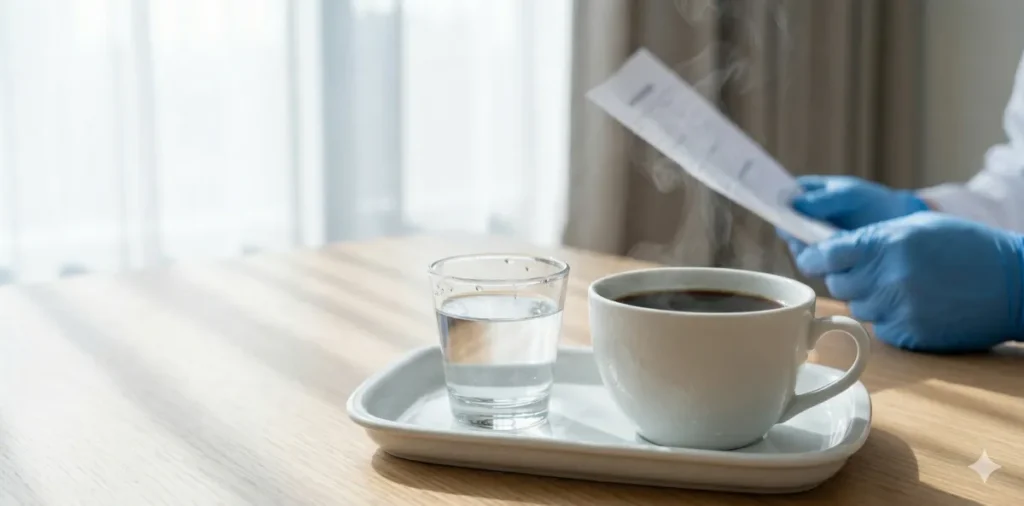 검진 전날 커피와 물의 허용 범위를 보여주는 장면