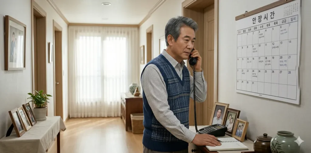 달력을 보며 병원에 전화하여 검진 일정을 상담하는 중년 남성의 모습