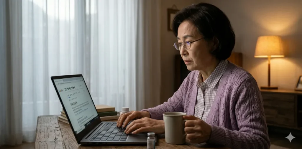 밤늦게 온라인으로 건강검진 금식 주의사항을 검색하는 중년 여성의 모습