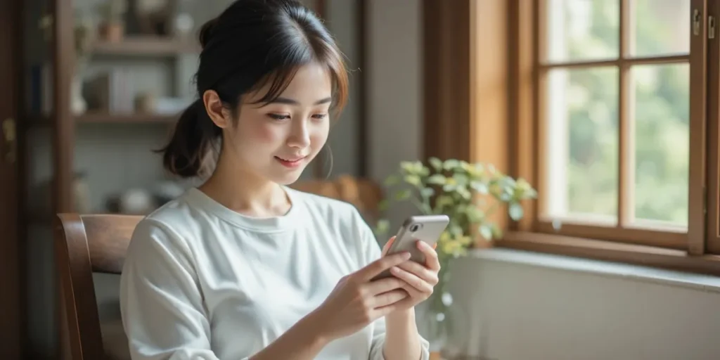 스마트폰으로 건강검진 주의사항 확인하는 여성의 모습