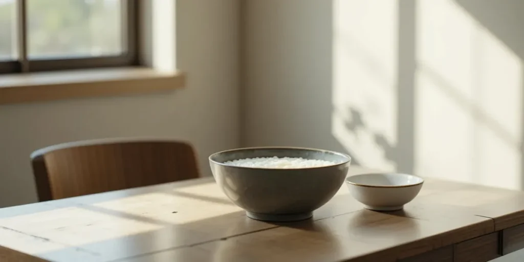 검사 전날 가벼운 식단으로 정갈하게 차려진 흰 죽 한 그릇의 모습