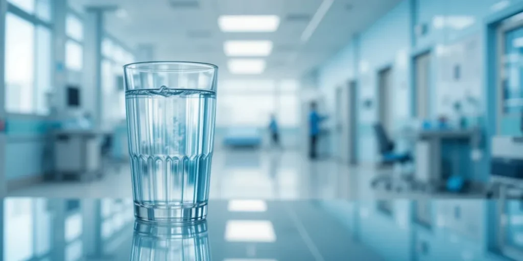 검진 전날 수분 섭취를 위해 깨끗한 유리 컵에 담긴 생수의 모습