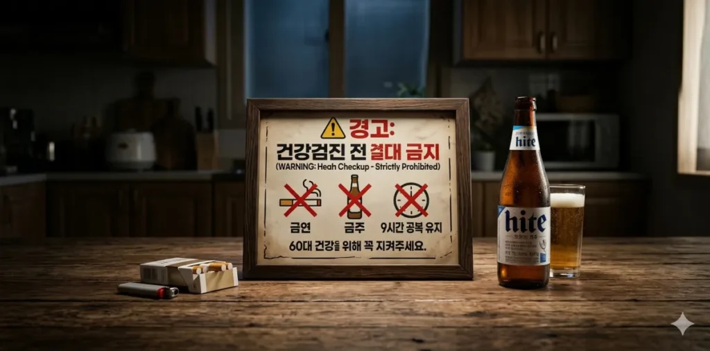 테이블 위 술과 담배를 멀리하는 금주 및 금연 경고 장면