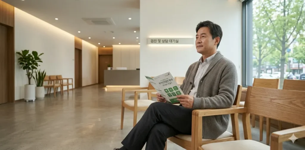 깨끗한 병원 로비에서 검진 가이드를 읽고 있는 모습