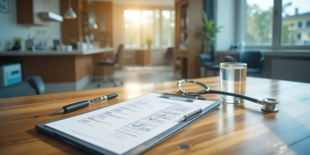 건강검진 준비를 위해 놓여진 청진기와 체크리스트 모습