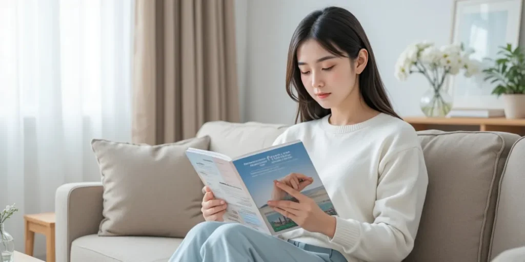 거실 소파에서 주의사항에 관한 안내 책자를 읽고 있는 모습