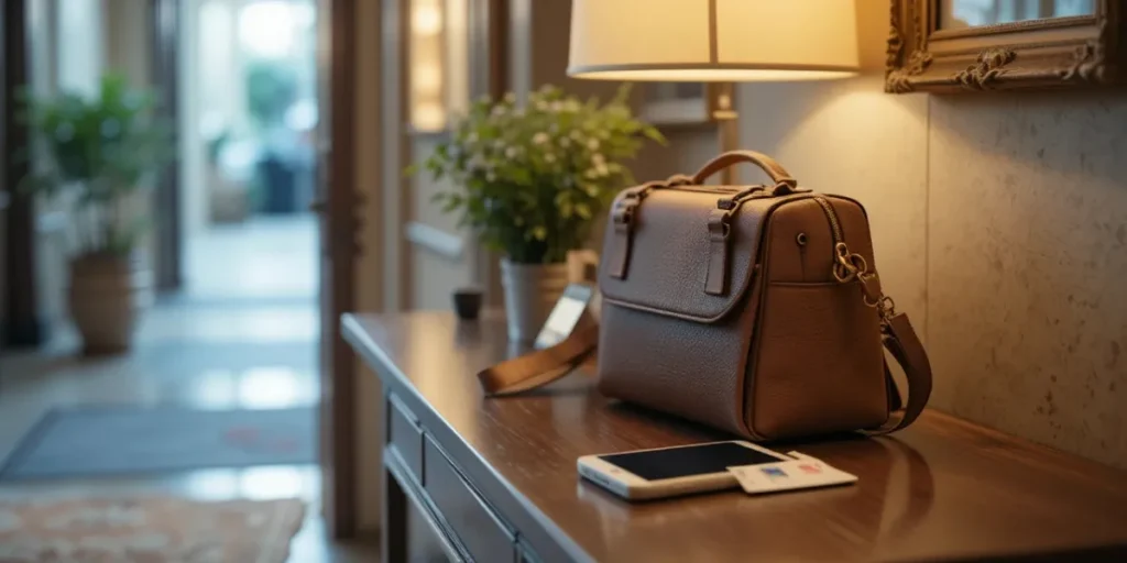 외출 전 현관 앞에 검진 당일 필요한 물건을 모아둔 모습