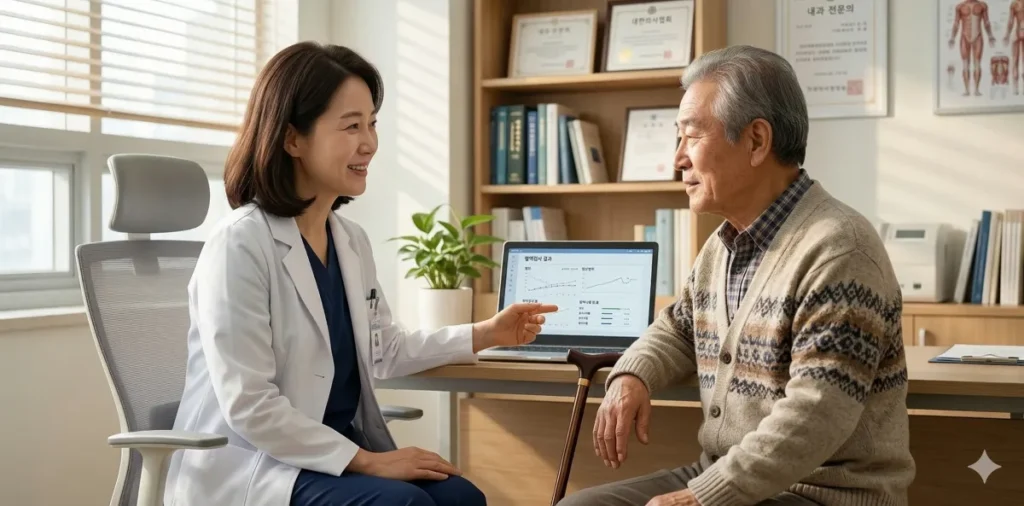 의사가 환자에게 친절하게 수치를 설명해주는 모습