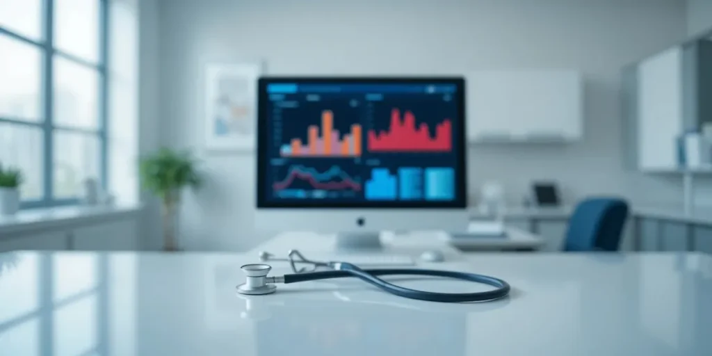 청진기와 건강 차트가 놓인 책상의 모습