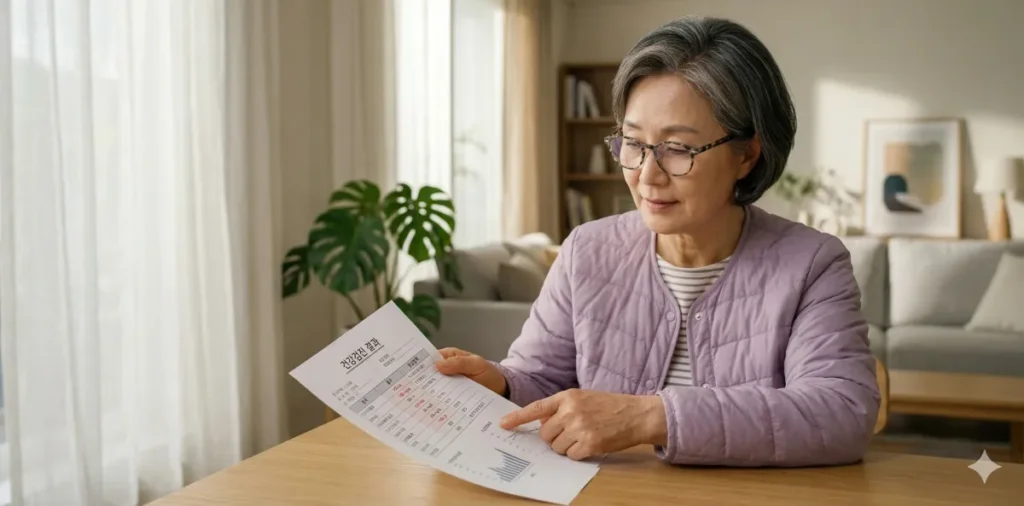 결과지 속 이상 수치 지표를 손가락으로 짚는 모습