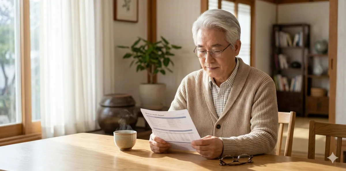 햇살이 비치는 식탁에서 결과지를 유심히 읽는 남성의 모습