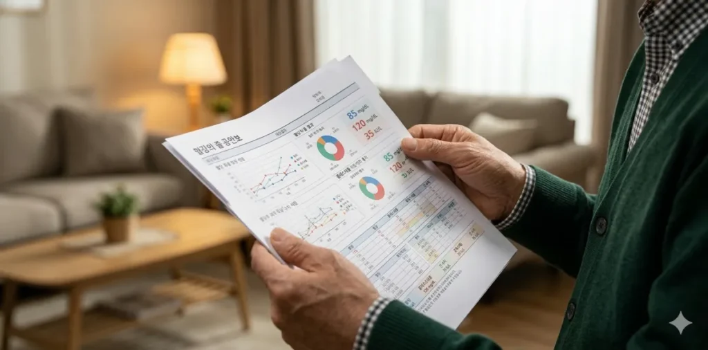 결과 수치가 적힌 혈액검사 보고서를 들고 있는 모습