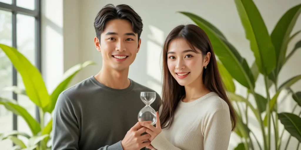 모래시계를 들고 밝게 웃고 있는 남녀의 모습