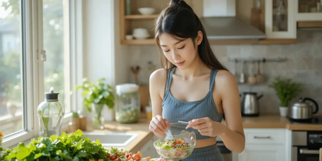밝은 주방에서 채소로 신선한 샐러드를 준비하는 여성의 모습
