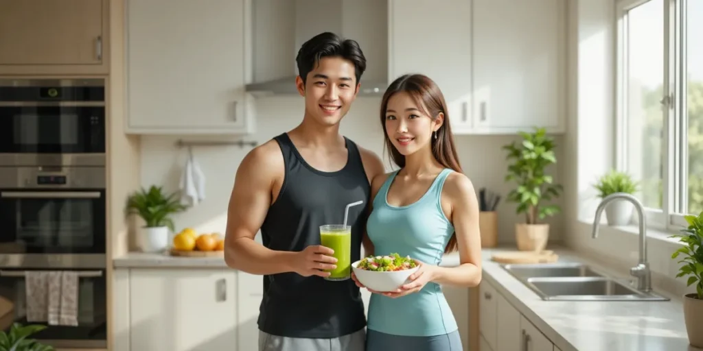 아침에 건강한 식단을 준비하는 남녀 모습