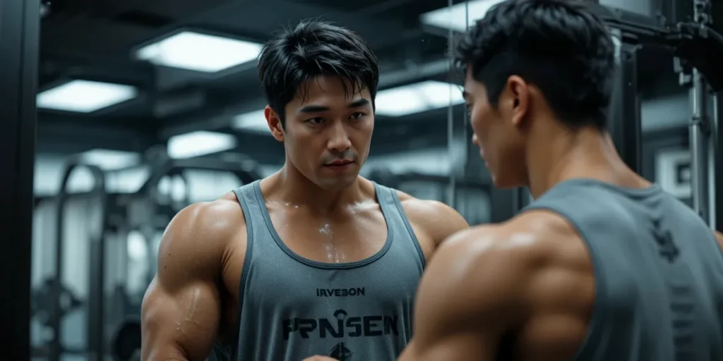 거울을 보며 단식 효과로 선명해진 체형을 확인하는 모습