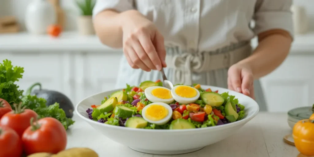 영양 균형을 맞춘 신선한 샐러드를 준비하는 모습